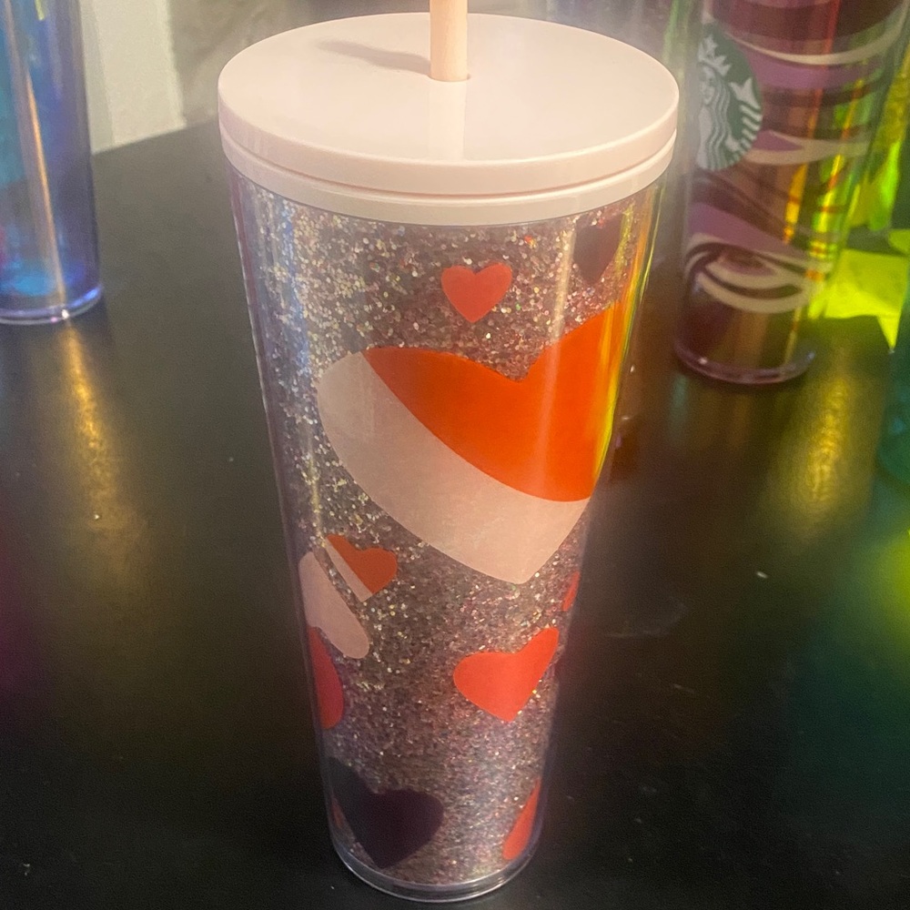 Starbucks Glitter Tumbler with Red and White Hearts